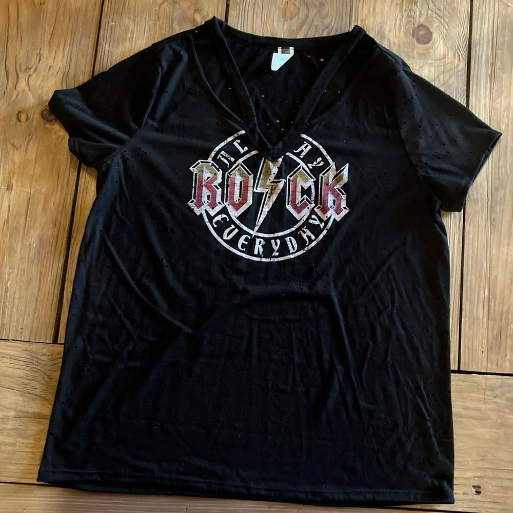 Oversized Distressed Band Tee Rocker V Neck - Picture 2 of 5